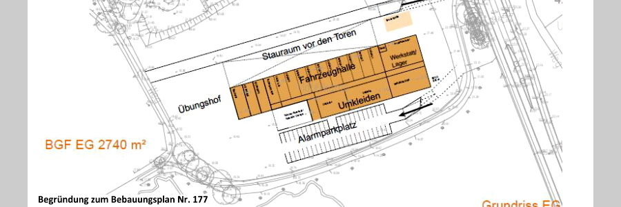 Möglicher Baukörper der Feuerwache. Aus: Begründung zum Bebauungsplan Nr. 177, S. 9.