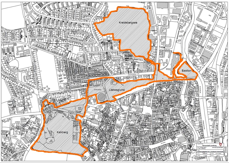 Grünband Innenstadt. Grafik: Hansestadt Lüneburg. Orangefarbene Markierung nachträglich eingefügt.