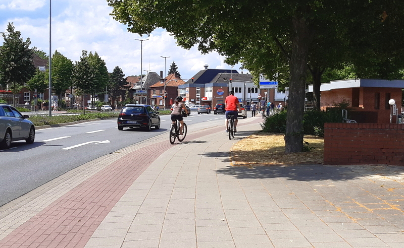 Reichenbachestraße Richtung Kreideberg. Wie schön: Ein Baum spendet Schatten. Aber: Ein Meter Breite ist für einen Radweg sichtlich zu schmal. Das beeinträchtigt auch den Fußverkehr. Foto: FUSS e.V. Lüneburg.