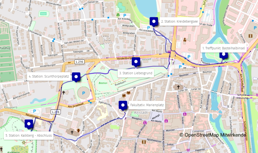 Stadtspaziergang: FUSS e.V. 02.07.2022. Karte: Openstreetmap Mitwirkende.