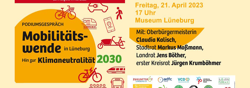Mobilitätswochen Lüneburg. Podiumsgespräch am 21.04.2023. Grafik: Verkehrswende-Bündnis Lüneburg.