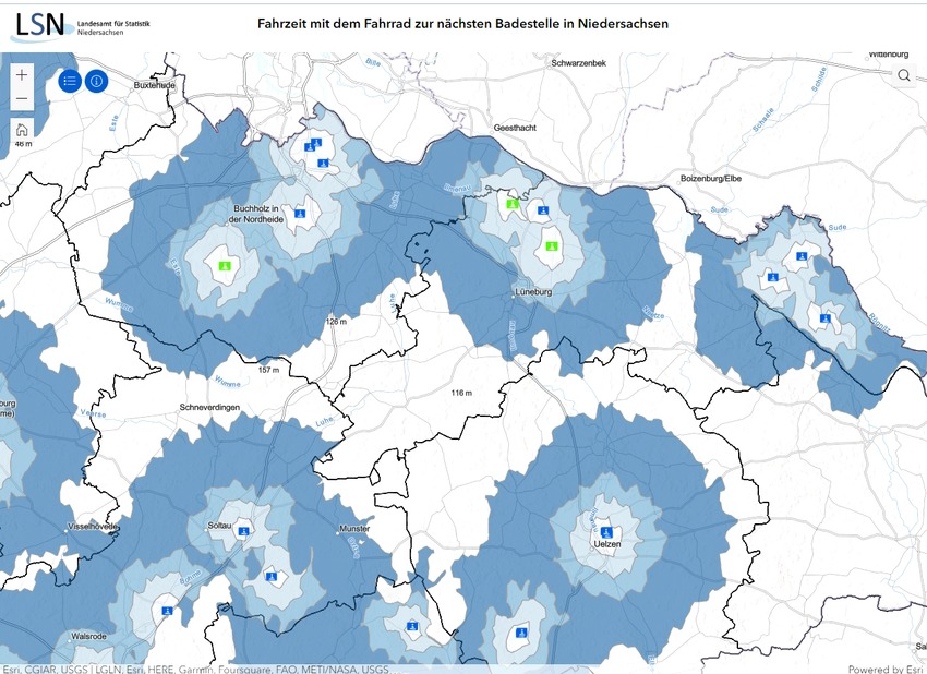 Landesamt für Statistik Niedersachsen: Badegewässer in Niedersachsen. Qualität und Erreichbarkeit per Rad. Screenshot (06/2023): https://www.statistik.niedersachsen.de/datenangebote/badestellen