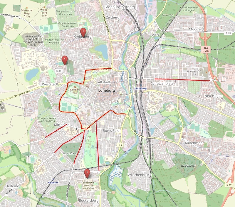 Einbahnstraßen-Konzept nach Dr. Peter Pez in der Gesamtsicht. Die markierten Straßen sollen jeweils als Einbahnstraßen ausgewiesen werden. Karte: OpenStreetMap-Mitwirkende.