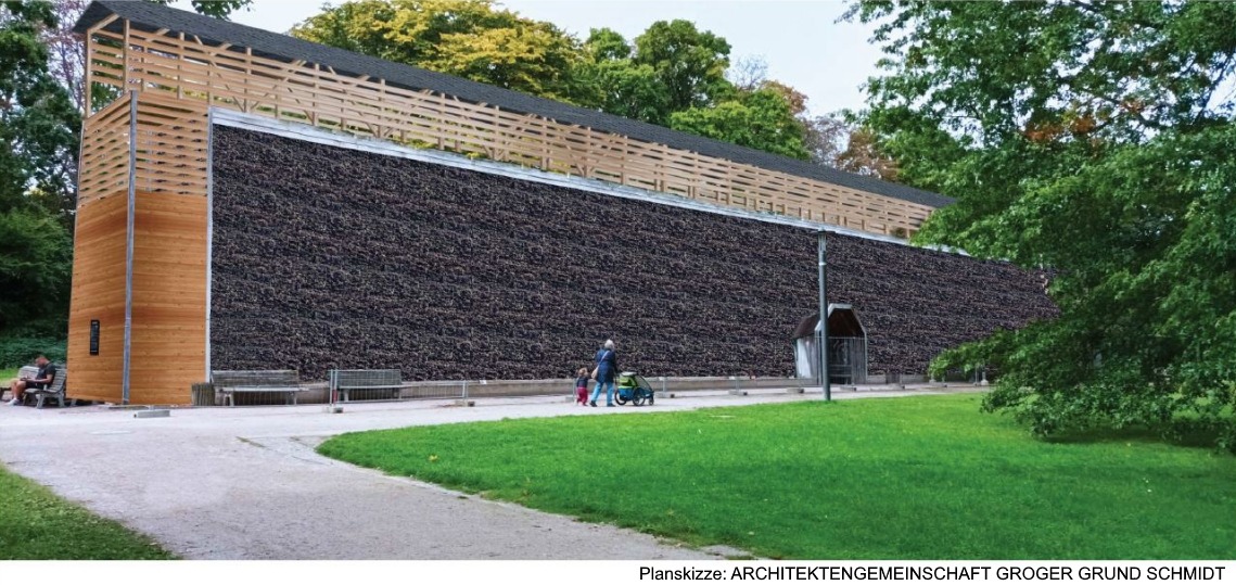 Planskizze Gradierwerk. Grafik: Architektengemeinschaft Groger Grund Schmidt. So könnte das sanierte Gradierwerk aussehen. Die Dachplatten sind ebenfalls Solarmodule.