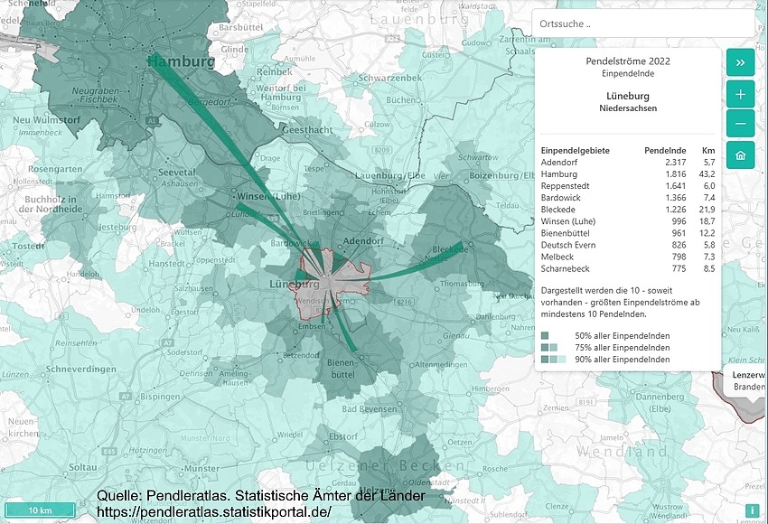 Woher kommen die Menschen, die nach Lüneburg zur Arbeit fahren? Pendleratlas, Statistische Ämter der Länder.