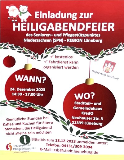 Plakat: Senioren- und Pflegestützpunkt (SPN) – REGION Lüneburg. Einladung zur Heiligabendfeier am 24.12.2023.