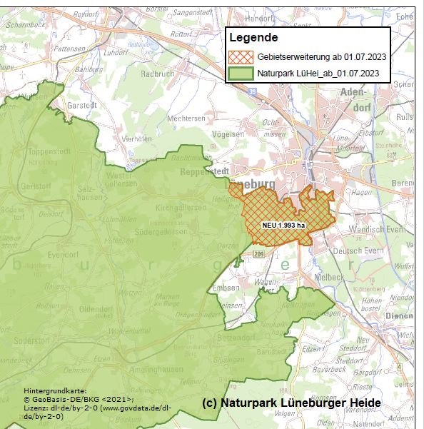 Jetzt auch mit dabei: Der Naturpark Lüneburger Heide reicht jetzt weit in das Stadtgebiet von Lüneburg hinein. Karte: Naturpark Lüneburger Heide.