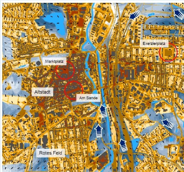 Klimaanalyse: Welche Bereiche in Lüneburg sind von Hitze betroffen und wo sind wichtige Kaltluftschneisen? Quelle: Geo-Net Umweltconsulting GmbH
