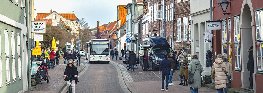 8. Typische Verkehrssituation in der Salzstraße: Lieferverkehr (erlaubt zwischen 10 und 12 Uhr), Busse, Fußgänger, Radverkehr und abgestellt Fahrzeuge. Aktion AG Lüneburg zu Fuß, 2. März 2024. Foto: Malte Hübner.