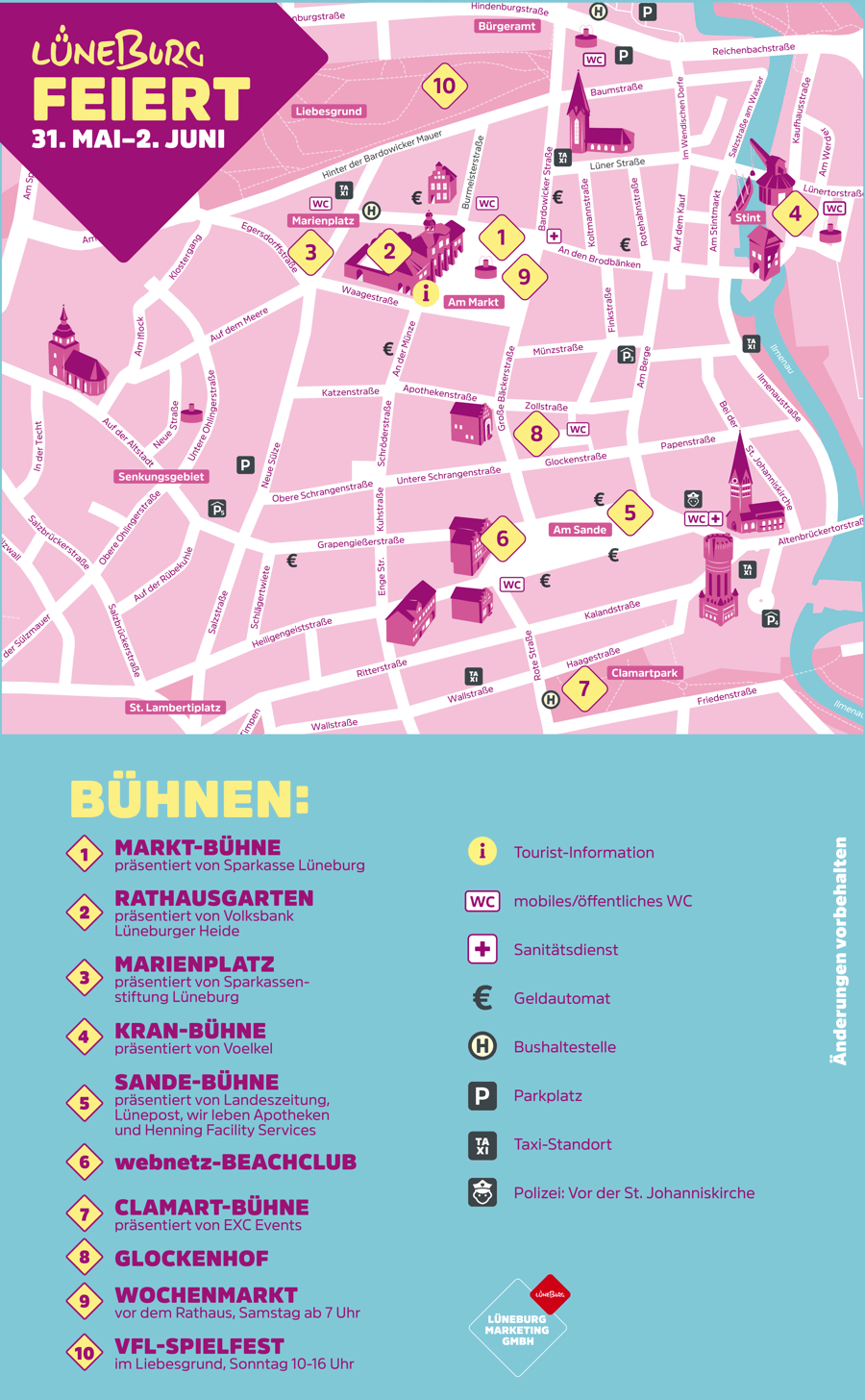 Veranstaltungsorte beim Stadtfest 2024. Grafik: Lüneburg Marketing GmbH.