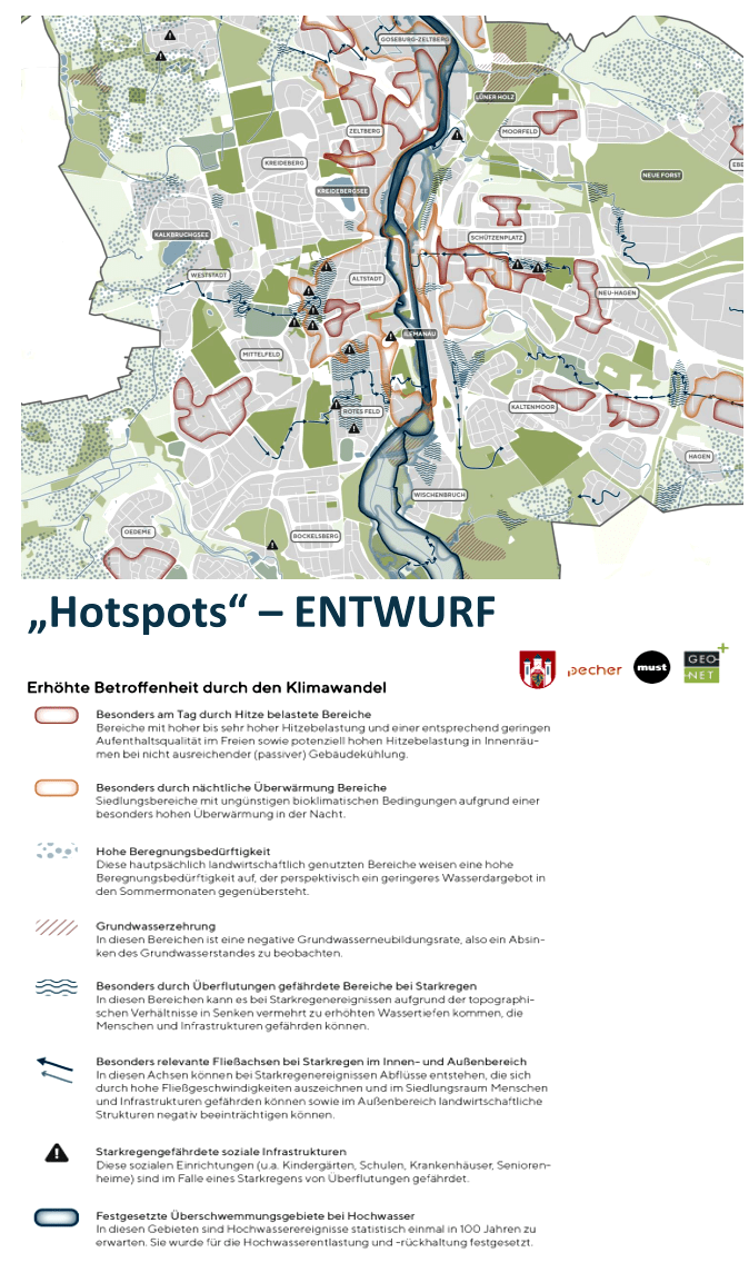 Präsentation im Umweltausschuss am 22. Mai 2024: Welche Bereiche in Lüneburg sind vom Klimawandel besonders betroffen? Entwurf zu "Hotspots". Grafik: GEO-NET.