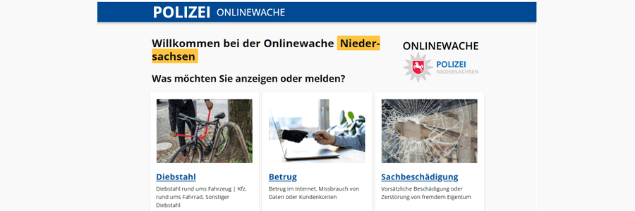 Online-Wache der Polizei Niedersachsen. Screenshot. Mit freundlicher Erlaubnis des Niedersächsischen Ministeriums für Inneres und Sport, Landespolizeipräsidium| Referatsteil 21.2.
