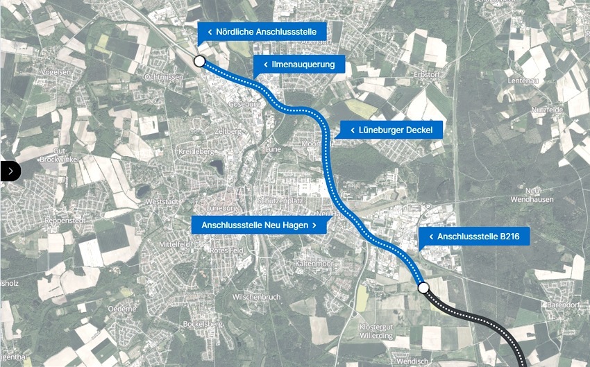 Der Verlauf der geplanten Autobahn im Nordosten der Hansestadt Lüneburg. Quelle: Screenshot: YUNO Project-Atlas der Autobahn GmbH.