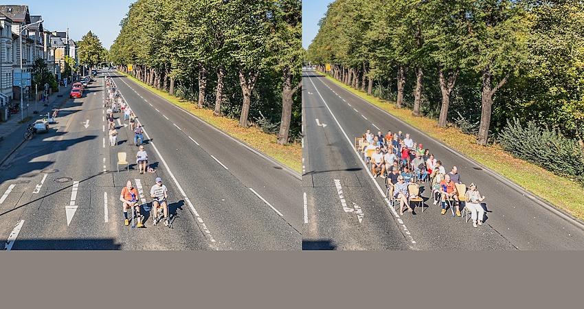 Foto: Malte Hübner. Es ist erstaunlich, wie flächeneffizient der Busverkehr ist. Soviel Platz brauchen 30 Menschen, wenn sie wie links im Pkw und wie rechts im Bus unterwegs sind. Die Förderung von Fuß-, Rad- und öffentlichem Verkehr macht deshalb auch den Autoverkehr flüssiger und schneller.