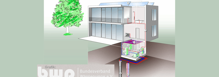 Grafik: Auch Erdwärme ist eine Option. Die Sonden reichen dafür tief ins Erdreich. Über eine Wärmepumpe im Keller wird damit das Gebäude geheizt. Grafik: Bundesverband Wärmepumpe e.V.
