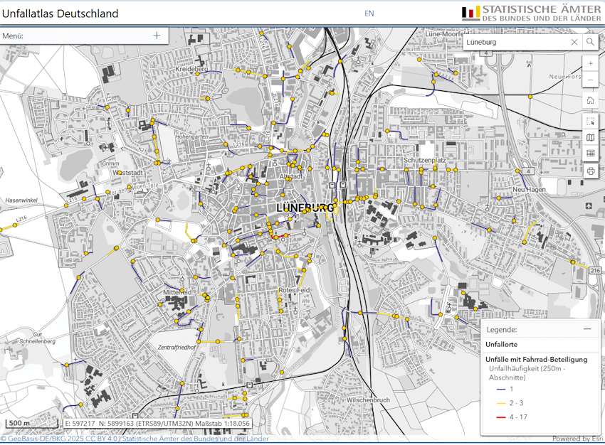 Unfallatlas Deutschland: Unfälle in Lüneburg, an denen Radfahrende beteiligt waren im Jahr 2023. Jeder gelbe Punkt war ein Unfall mit Personenschaden. Quelle: https://unfallatlas.statistikportal.de/, Datenlizenz Deutschland – Namensnennung – Version 2.0, Lizenz-URI „http://www.dcat-ap.de/def/licenses/dl-by-de/2.0, URL: http://www.govdata.de/dl-de/by-2-0.