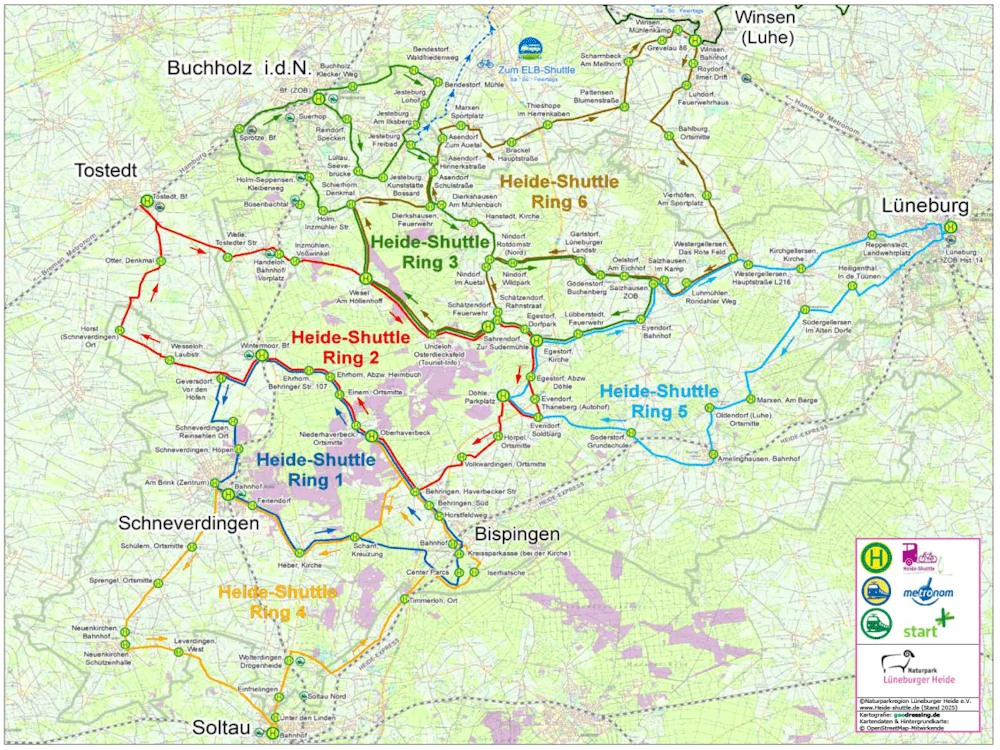 Grafik: Naturpark Lüneburger Heide. Heide-Shuttle: Die 6 Ringe im Überblick.