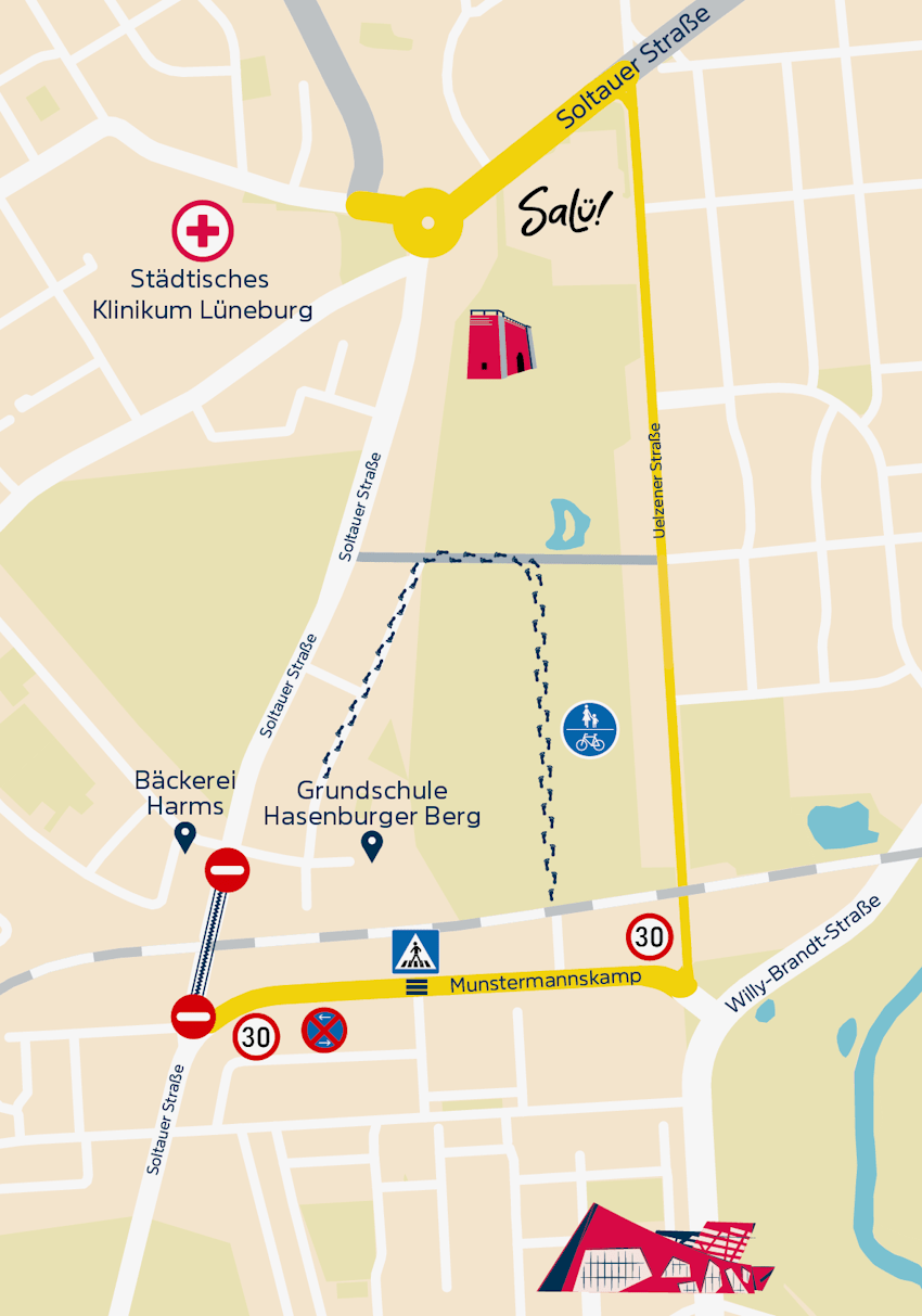 Grafik: Hansestadt Lüneburg. Umleitung für den Neubau der OHE-Brücke in der Soltauer Straße. Die Bauzeit dauert etwa 8 Monate.