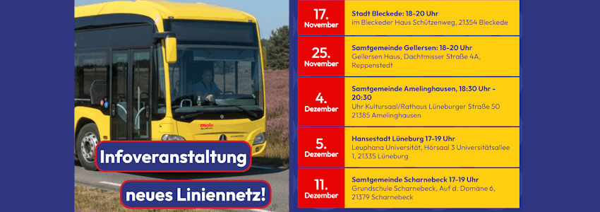 Grafik: MOIN Lüneburg. Infoveranstaltungen im Landkreis zum neuen Liniennetz der MOIN ab 1. Januar 2026.