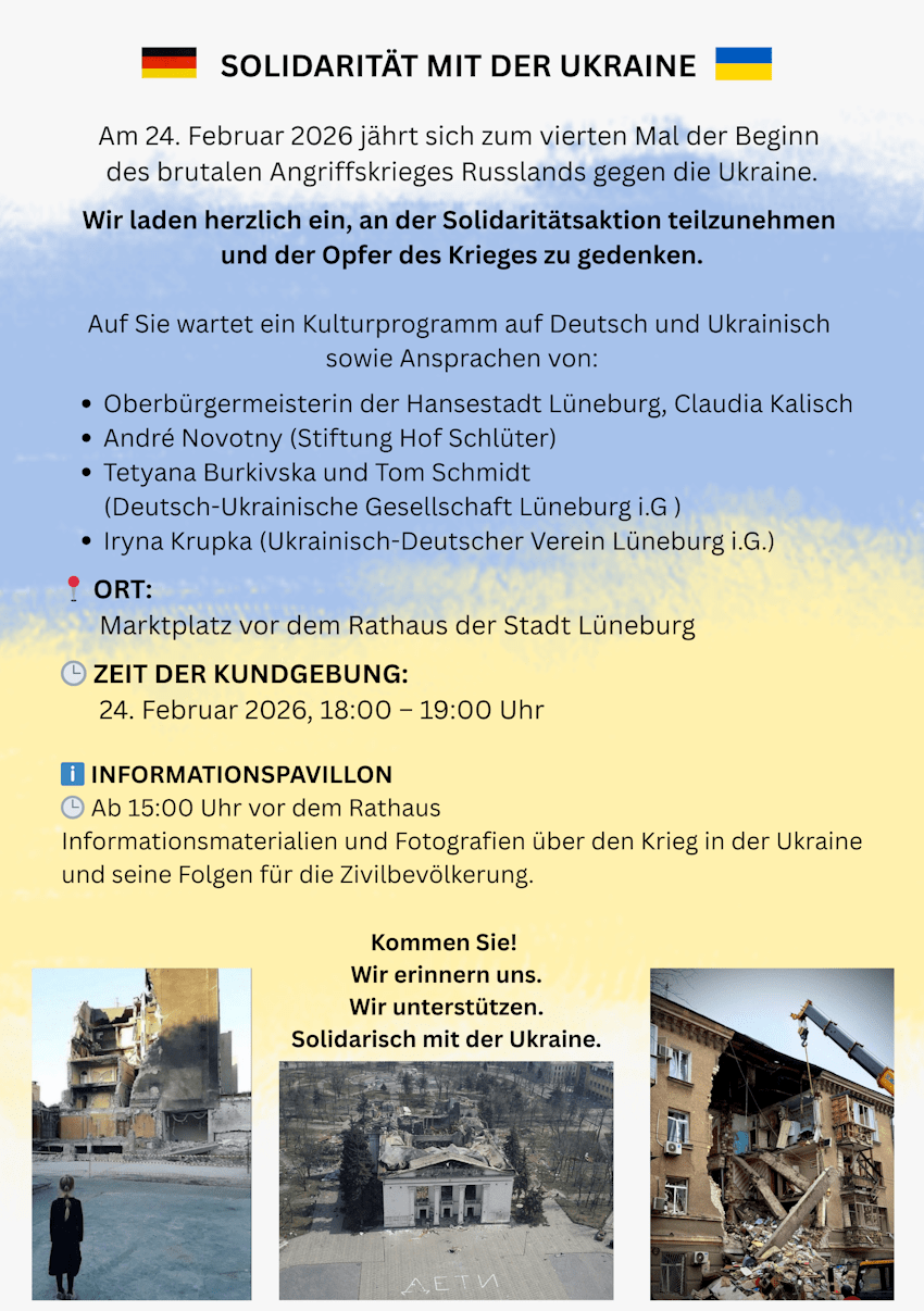 Grafik: Koordinationskreis 24. Februar. Flyer zum Gedenken am 24.02.2026 (deutsch).