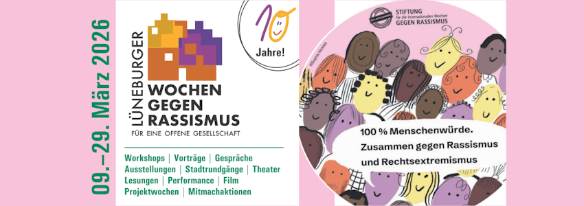 Grafik: LWGR. Lüneburger Wochen gegen Rassismus 2026 - "100% Menschenwürde."