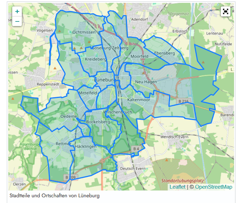 Grafik: Lünepedia. Die Hansestadt Lüneburg ist in 13 Stadtteile und fünf Ortschaften unterteilt.