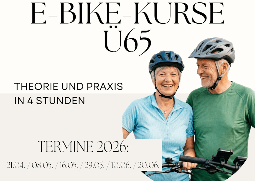 Grafik: Verkehrswacht Lüneburg. Pedelec- und E-Bike-Kurse für Seniorinnen und Senioren im Frühjahr 2026.