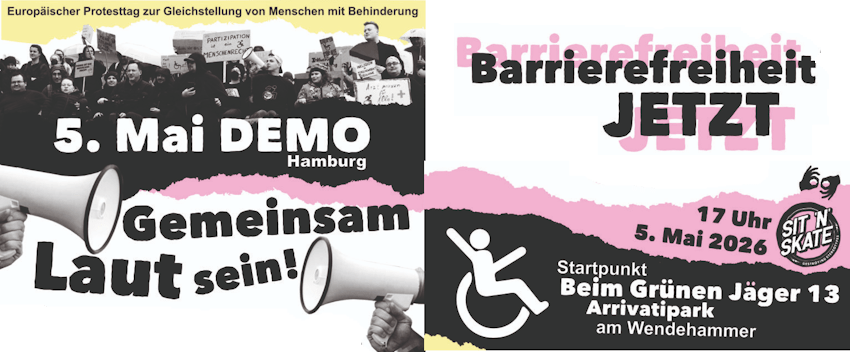 Grafik: SIT’N’SKATE gUG, Hamburg. Flyer zur Aktion am Protesttag 5. Mai 2026 (angepasst).