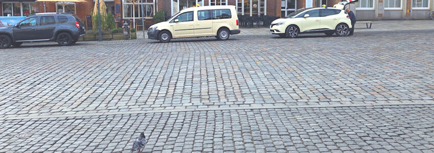 Foto: Lüne-Blog. Der Platz Am Sande in Lüneburg. Von der Fußgängerzone her kommend ist der Platz mit dem Rollstuhl kaum überwindbar.