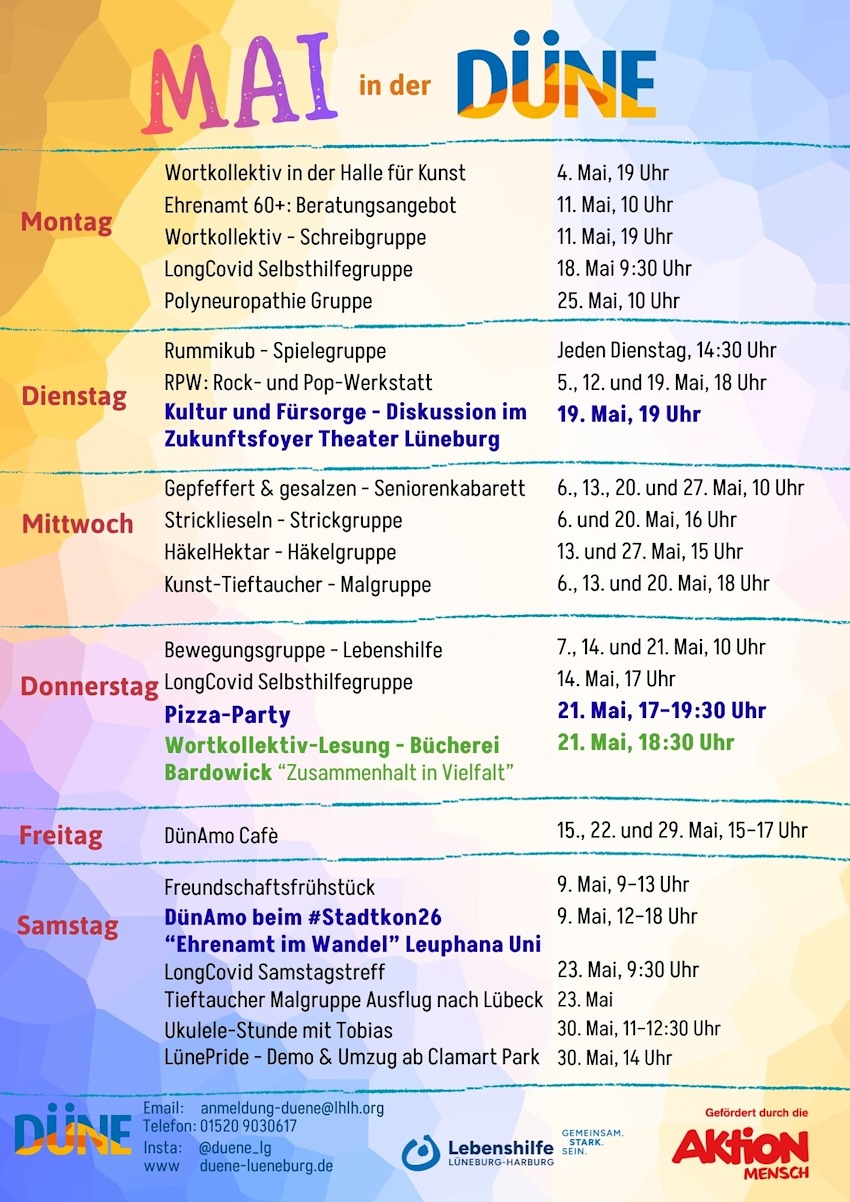 Grafik: Lebenshilfe Lüneburg-Harburg. DÜNE Lüneburg, Programm im Mai 2026.