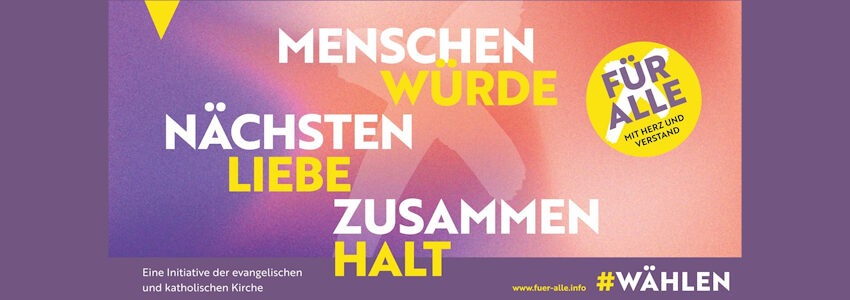 Grafik: Evangelische Kirchen in Niedersachsen und Bremen. Banner zur Kampagne "Demokratie stärken" mit der Aufschrift: "Menschenwürde - Nächstenliebe - Zusammenhalt".