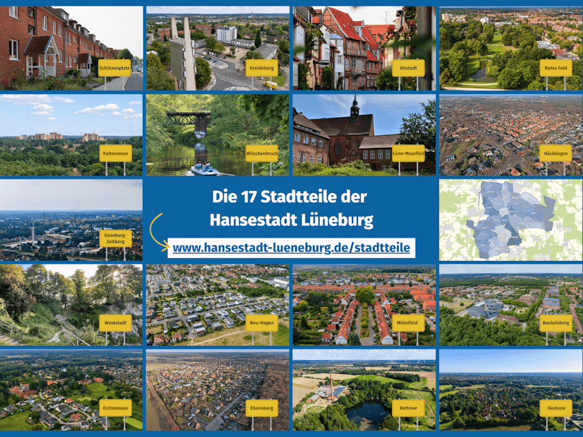 Grafik: Hansestadt Lüneburg. Die 17 Stadtteile der Hansestadt.