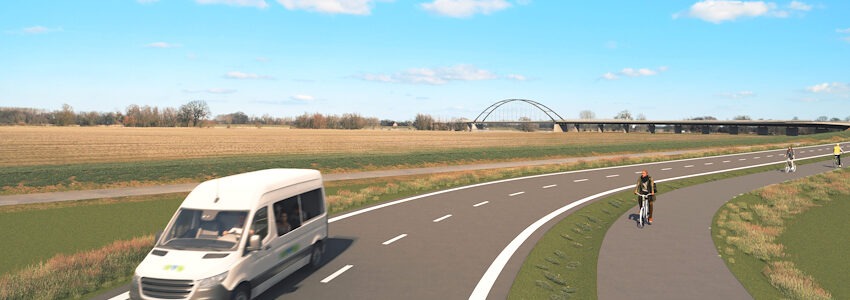 Grafik (Fotomontage): Landkreis Lüneburg. So soll sich die Elbbrücke zwischen Darchau und Neu Darchau in die Landschaft einpassen – Blick vom Rampenbauwerk Neu Darchau in Richtung Osten. Visualisierung: Leonhardt, Andrä und Partner - Beratende Ingenieure VBI AG.