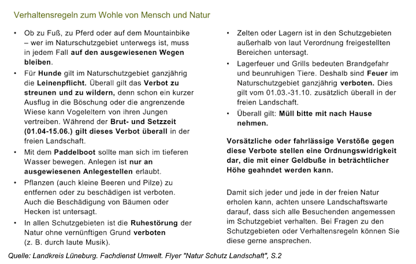 Grafik: Landkreis Lüneburg. Verhalten im Naturschutzgebiet. Quelle: Flyer "Natur Schutz Landschaft".