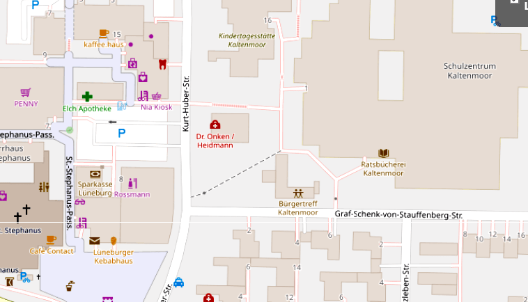 Karte: OpenStreetMap Mitwirkende. Kurt-Huber- und Graf-Schenk-von-Stauffenberg-Straße in Kaltenmoor.