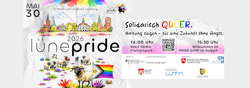Grafik: Landkreis Lüneburg, Gleichstellungsstelle. Plakat LünePride 2026.
