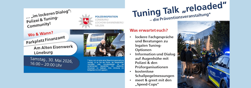 Grafik: Polizeiinspektion Lüneburg, Plakat (angepasst). Einladung zum Tuning-Talk am 30. Mai 2026 in Lüneburg.