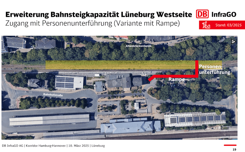 DB InfraGo: Vorhaben zur Erweiterung der Bahnsteigkapazität am Westbahnhof Lüneburg. Aus: Qualitätsoffensive 2026 und erweiterte Generalsanierung 2029 - Lüneburg und Umgebung (PDF-Datei), Präsentation im Mobilitätsausschuss Lüneburg am 10. März 2025, S. 19.