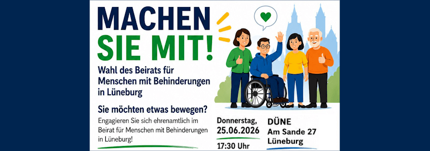 Grafik: Behindertenbeirat Lüneburg. Plakat. Einladung zur Info-Veranstaltung am 25. Juni 2026.