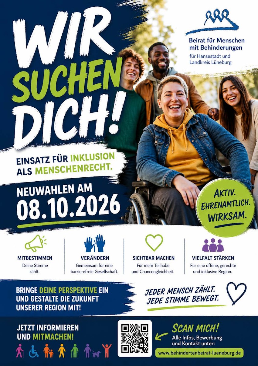 Grafik: Behindertenbeirat Lüneburg. Plakat zu den Neuwahlen am 8. Oktober 2026.