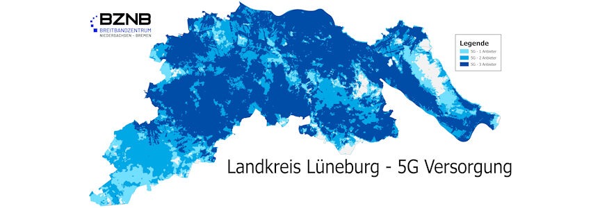 Grafik: Breitbandzentrum Niedersachsen-Bremen. Die Netzabdeckung im Mobilfunkstandard 5G weist im Landkreis Lüneburg noch einige weiße Flecken auf.