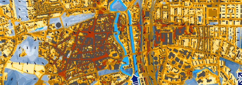 Grafik: Hansestadt Lüneburg / Geo-Net Umweltconsulting GmbH. Karte der Klimaanalyse bei Nacht (Ausschnitt). Die Innenstadt als Hitze-Hotspot - auch in der Nacht. Je dunkler die Farbe, um so heißer ist es in diesen Gebieten in der Nacht. Die blauen Pfeile zeigen wichtige Kaltluftschneisen an.