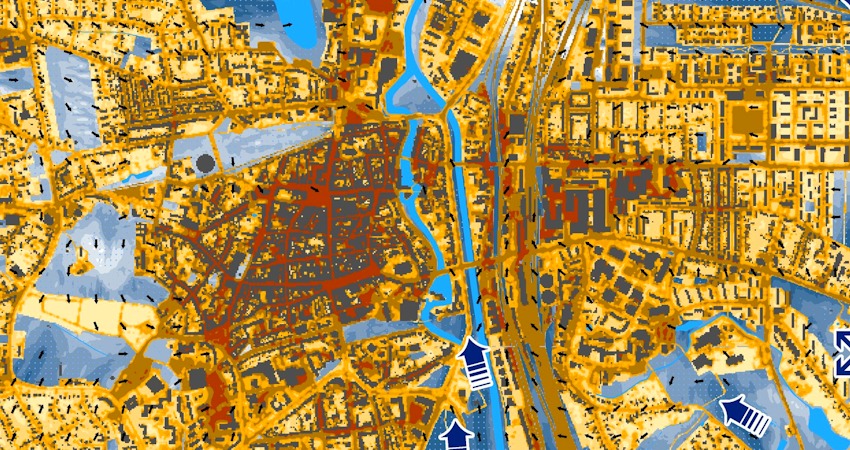 Grafik: Hansestadt Lüneburg / Geo-Net Umweltconsulting GmbH. Karte der Klimaanalyse bei Nacht (Ausschnitt). Die Innenstadt als Hitze-Hotspot - auch in der Nacht. Je dunkler die Farbe, um so heißer ist es in diesen Gebieten in der Nacht. Die blauen Pfeile zeigen wichtige Kaltluftschneisen an.