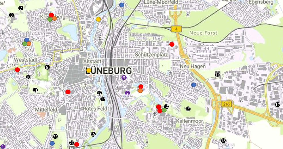 Grafik: Hansestadt Lüneburg. Verteilung der Sportanlagen im Stadtgebiet, Ausschnitt. Aus: Konzept Sportentwicklungsplanung, Anlage 1 