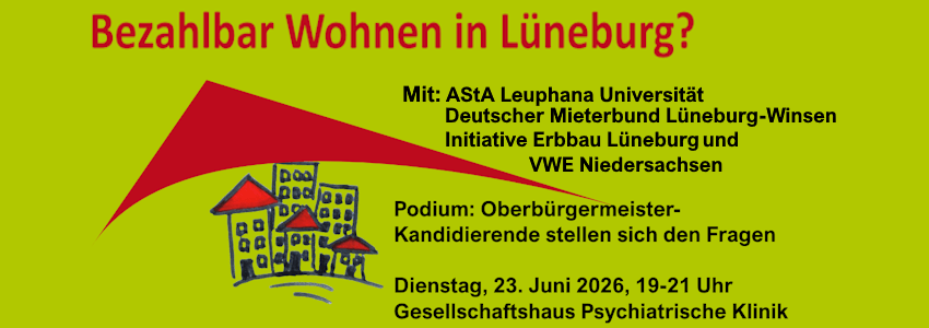 Foto: Initiative Erbbau Lüneburg handeln". Podium mit OB-Kandidierenden am 23. Juni 2026.