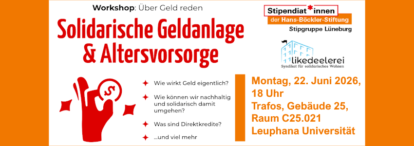 Grafik: Sharepic. Solidarische Geldanlage und Altersvorsorge. Workshop am 22. Juni 2026.