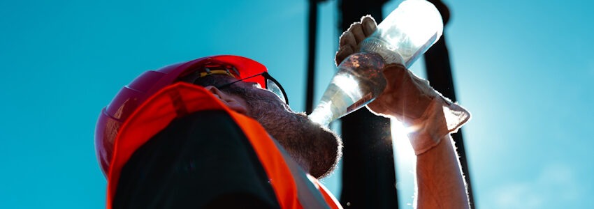 Foto: IG BAU. Trinkpause. Bei schwerer Arbeit in großer Hitze gilt die Faustregel: „Alle 15 bis 20 Minuten ein volles Wasserglas. Ideal sind Wasser und kalte Tees“, sagt Achim Bartels, Vorsitzender der IG BAU Hamburg.