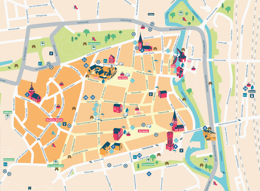 Grafik: Hansestadt Lüneburg. Hitzekarte (Ausschnitt). Die Hitzekarte ist Teil des Flyers mit vielen Informationen und Hinweisen zum Umgang mit Hitze, herausgegeben vom Klimaanpassungs-Management der Hansestadt.