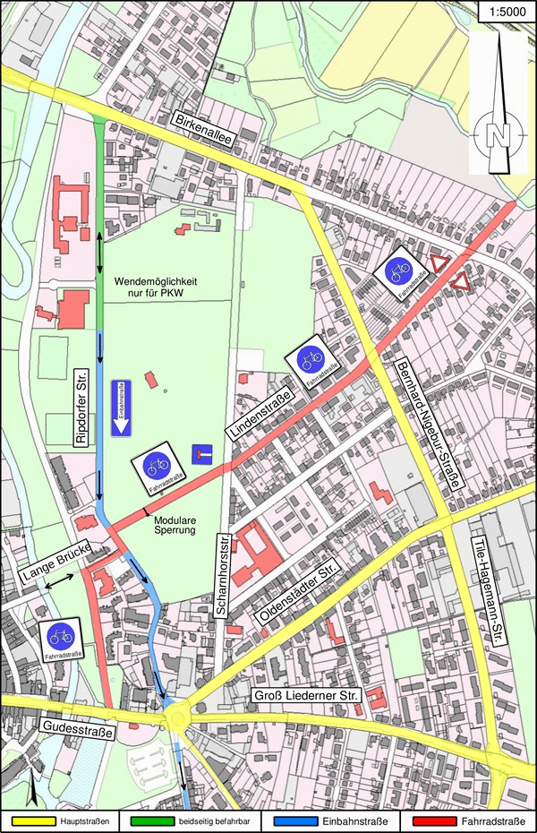 Grafik: Hansestadt Uelzen. Karte mit der neuen Fahrradstraße - hier rot eingezeichnet.
