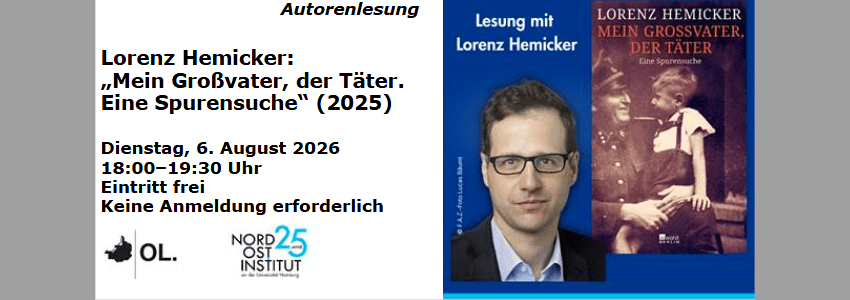 Grafik: Nordost-Institut. Ankündigung der Lesung mit Lorenz Hemicker am 6. August 2026.